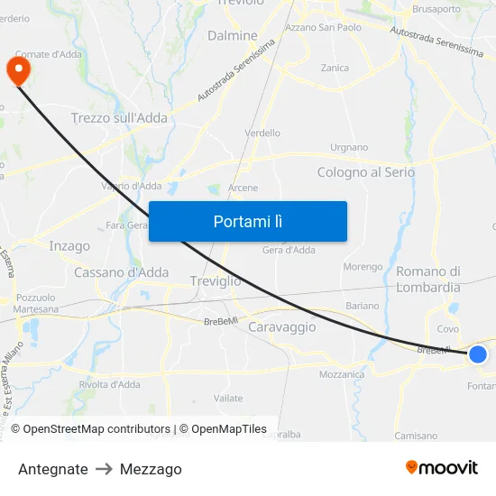 Antegnate to Mezzago map