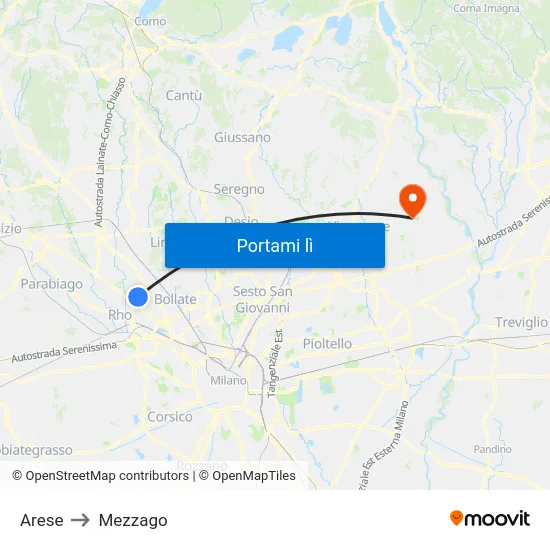 Arese to Mezzago map