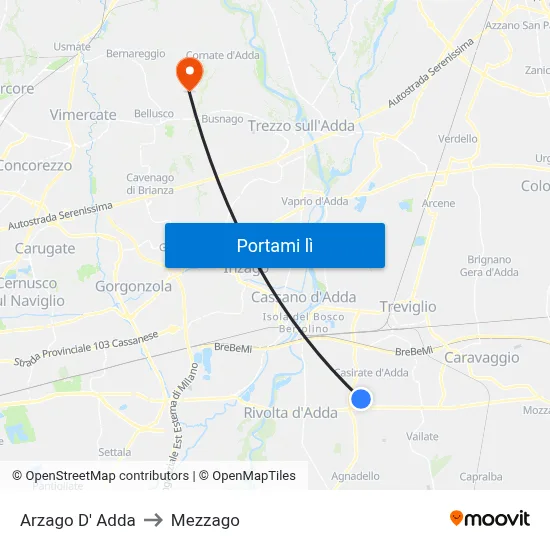 Arzago D' Adda to Mezzago map
