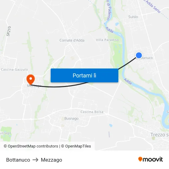 Bottanuco to Mezzago map