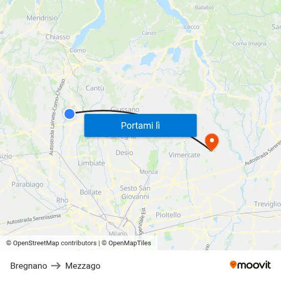 Bregnano to Mezzago map