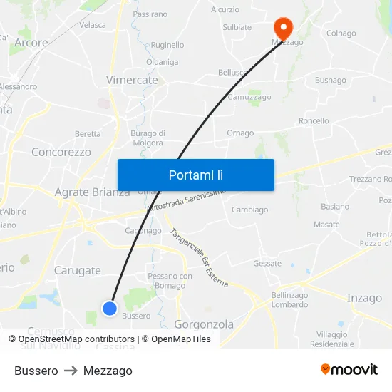 Bussero to Mezzago map