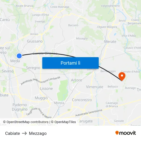Cabiate to Mezzago map