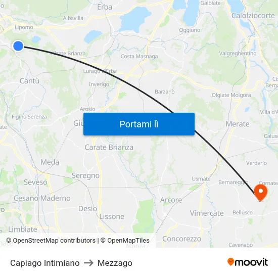 Capiago Intimiano to Mezzago map