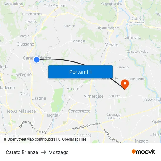 Carate Brianza to Mezzago map