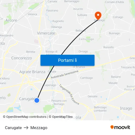Carugate to Mezzago map