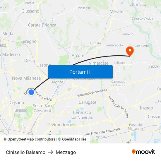 Cinisello Balsamo to Mezzago map