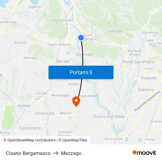 Cisano Bergamasco to Mezzago map