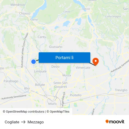 Cogliate to Mezzago map