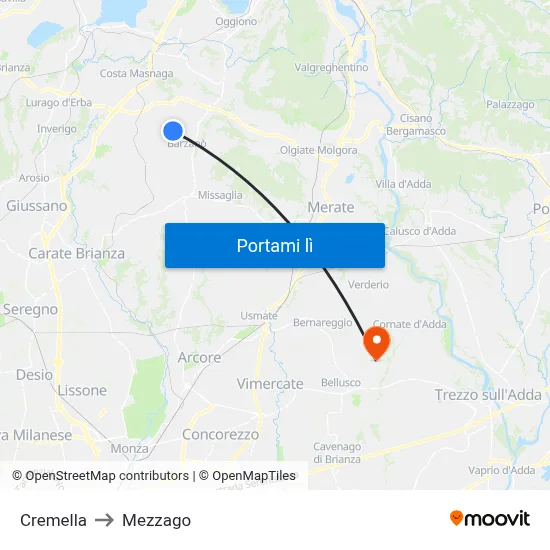 Cremella to Mezzago map