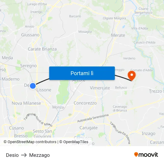 Desio to Mezzago map