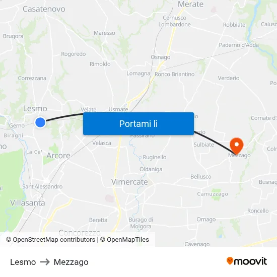 Lesmo to Mezzago map