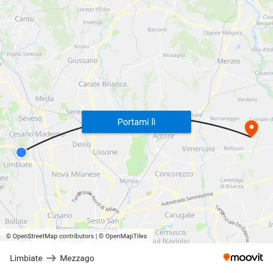 Limbiate to Mezzago map
