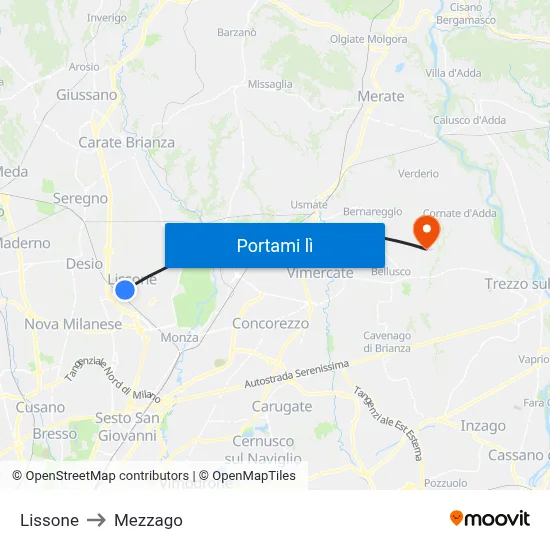 Lissone to Mezzago map