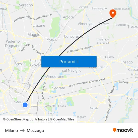 Milano to Mezzago map