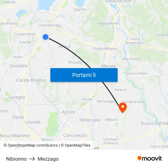 Nibionno to Mezzago map