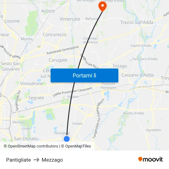 Pantigliate to Mezzago map
