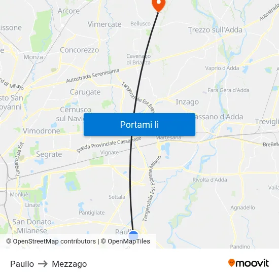 Paullo to Mezzago map