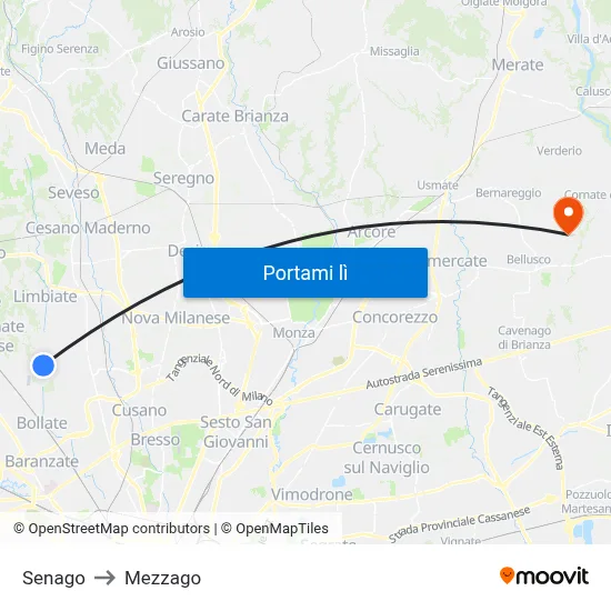 Senago to Mezzago map