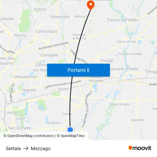 Settala to Mezzago map