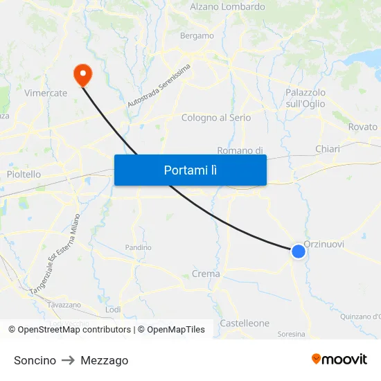 Soncino to Mezzago map
