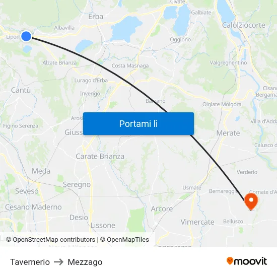 Tavernerio to Mezzago map