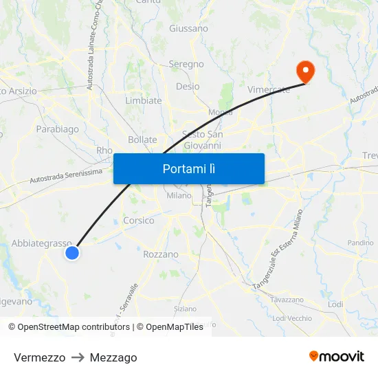 Vermezzo to Mezzago map