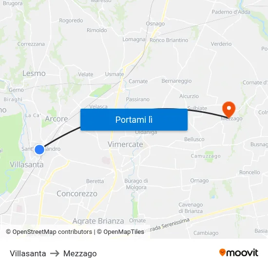 Villasanta to Mezzago map