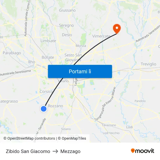 Zibido San Giacomo to Mezzago map