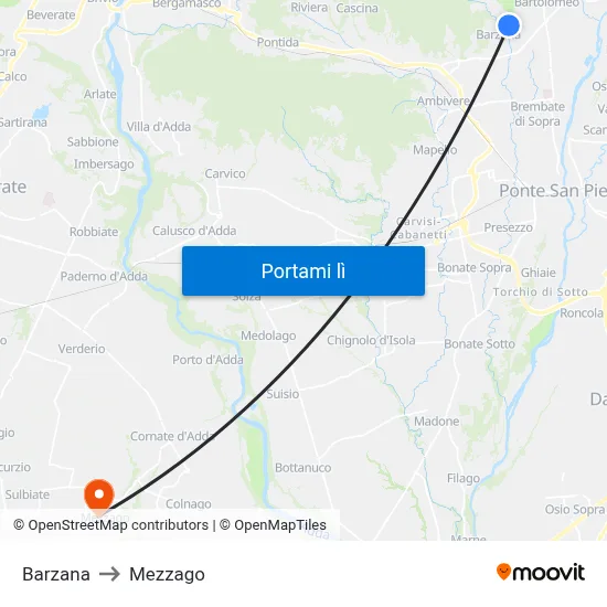 Barzana to Mezzago map
