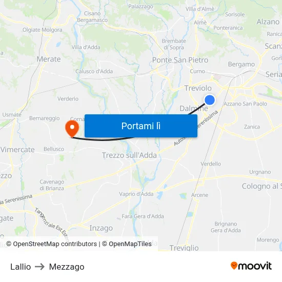 Lallio to Mezzago map