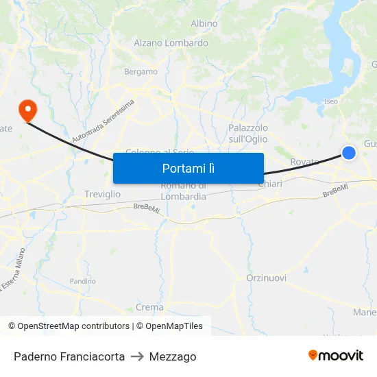 Paderno Franciacorta to Mezzago map