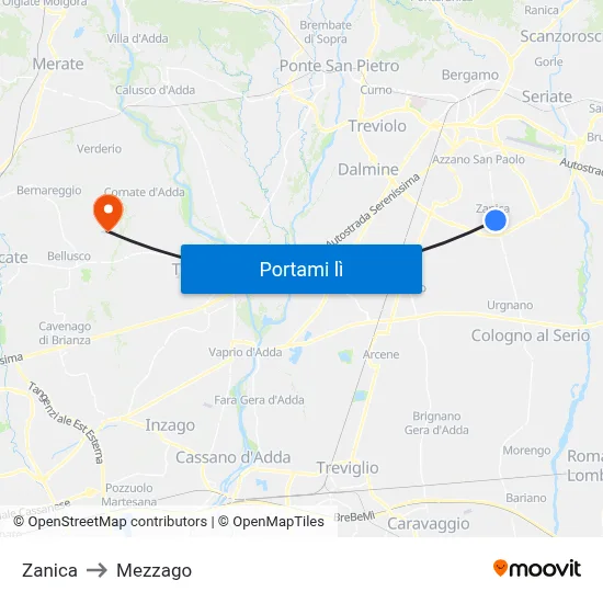 Zanica to Mezzago map