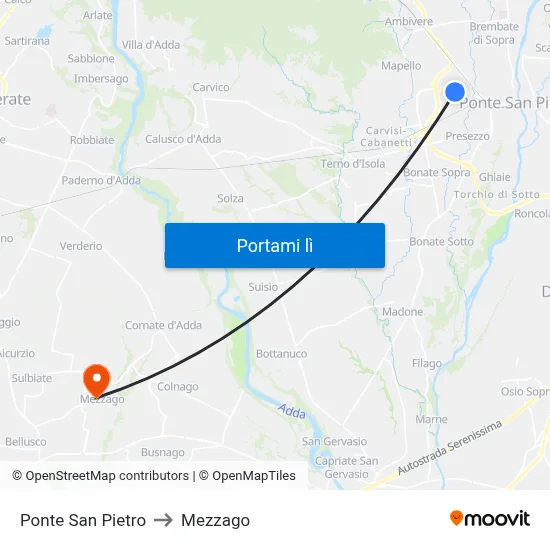 Ponte San Pietro to Mezzago map