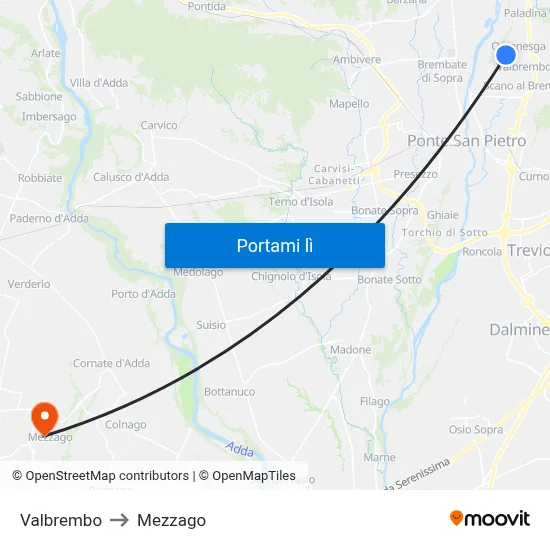 Valbrembo to Mezzago map