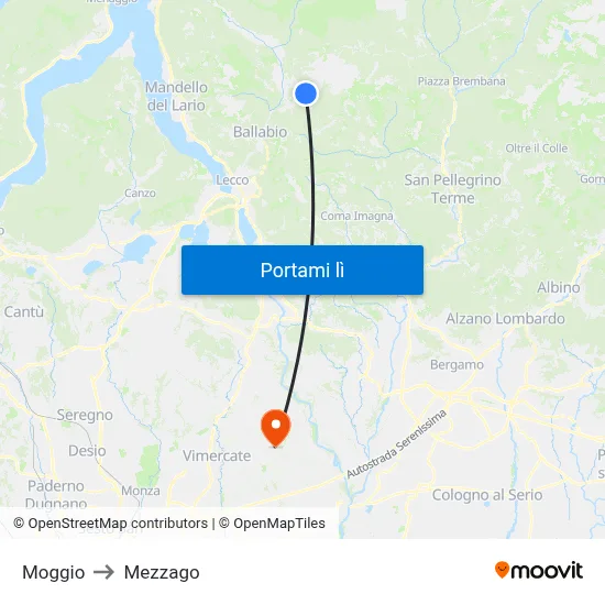Moggio to Mezzago map