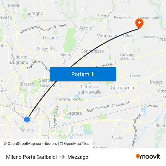 Milano Porta Garibaldi to Mezzago map