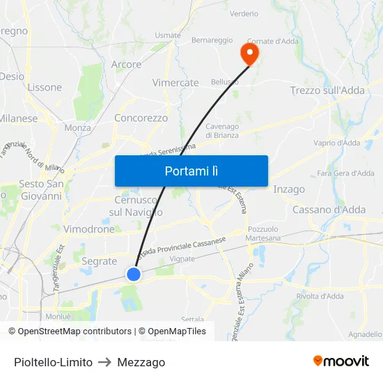Pioltello-Limito to Mezzago map
