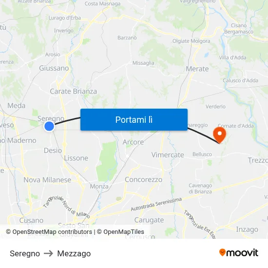 Seregno to Mezzago map