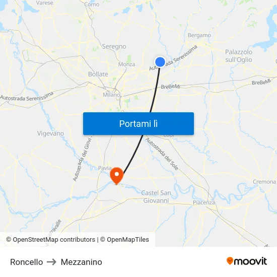 Roncello to Mezzanino map