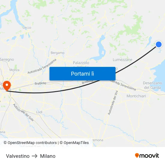 Valvestino to Milano map