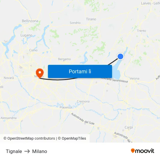 Tignale to Milano map