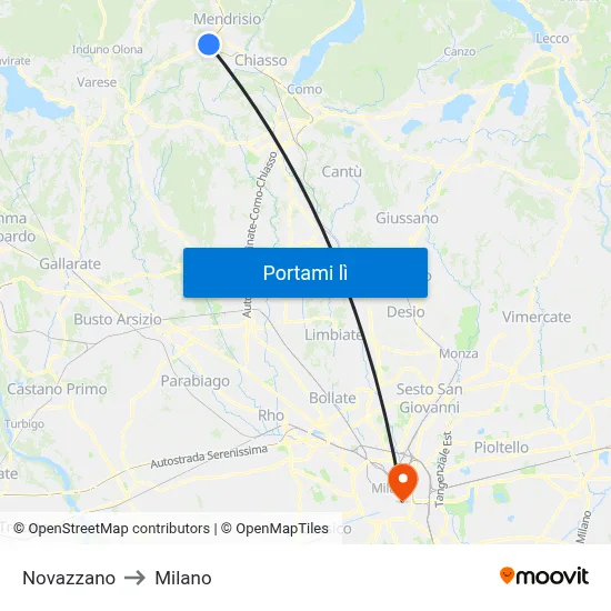 Novazzano to Milano map