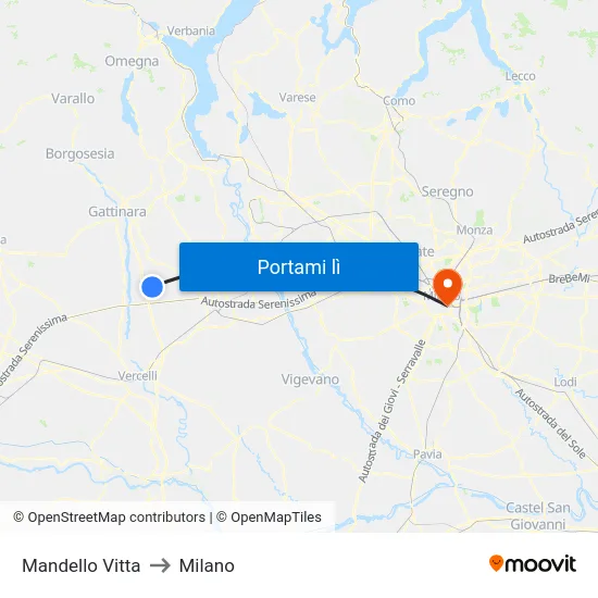 Mandello Vitta to Milano map