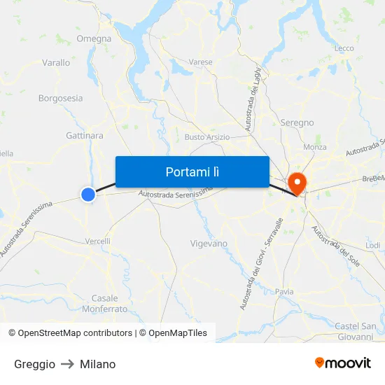 Greggio to Milano map
