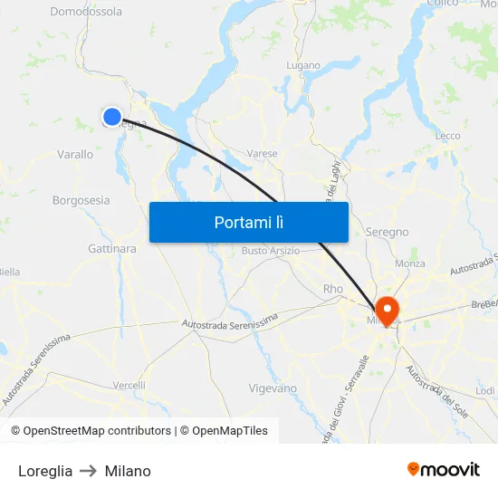Loreglia to Milano map