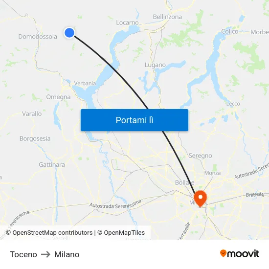 Toceno to Milano map