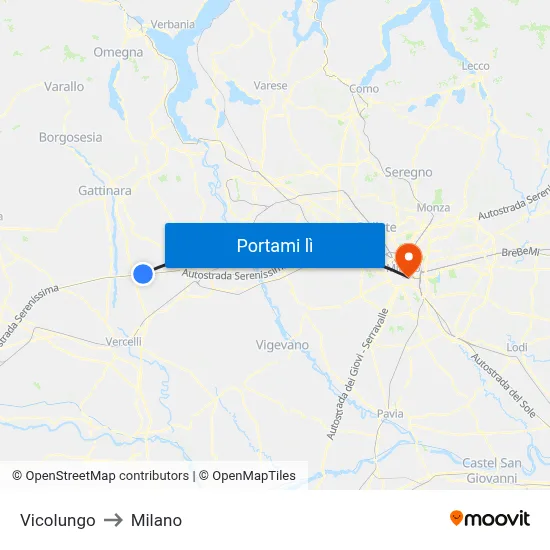 Vicolungo to Milano map