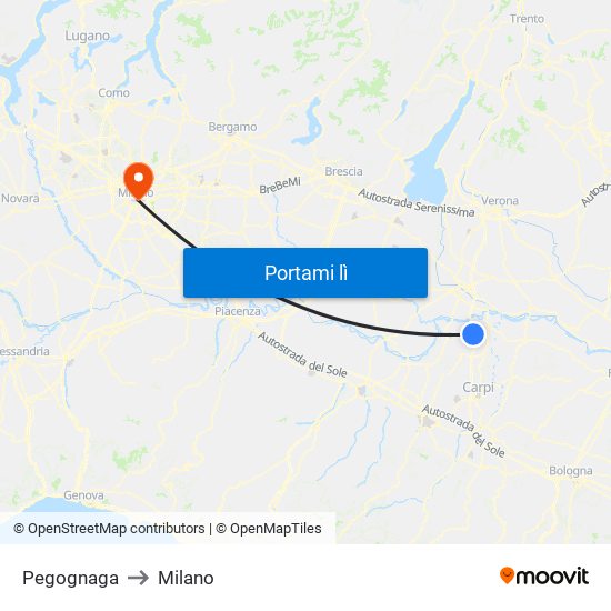 Pegognaga to Milano map