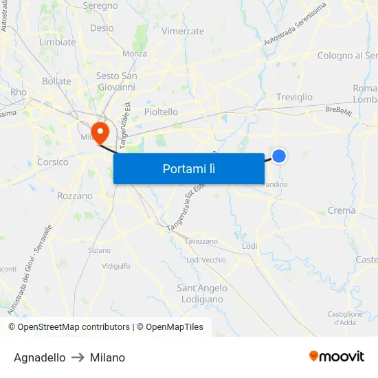 Agnadello to Milano map